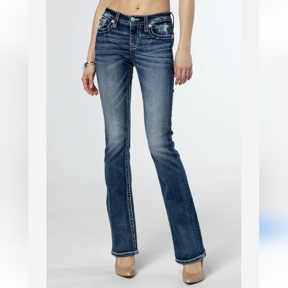 Miss Me Boot Cut Bling Embellished Medium Wash Jeans Women's Size 27 Tall